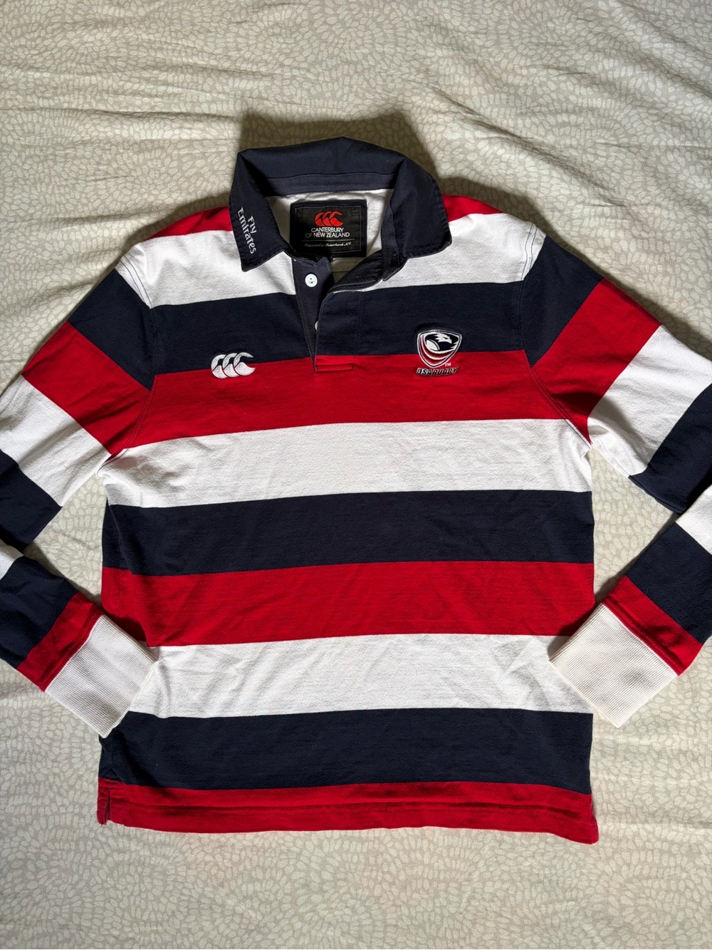 Canterbury of New Zealand Mens Official USA Rugby Long Sleeved Striped Jersey